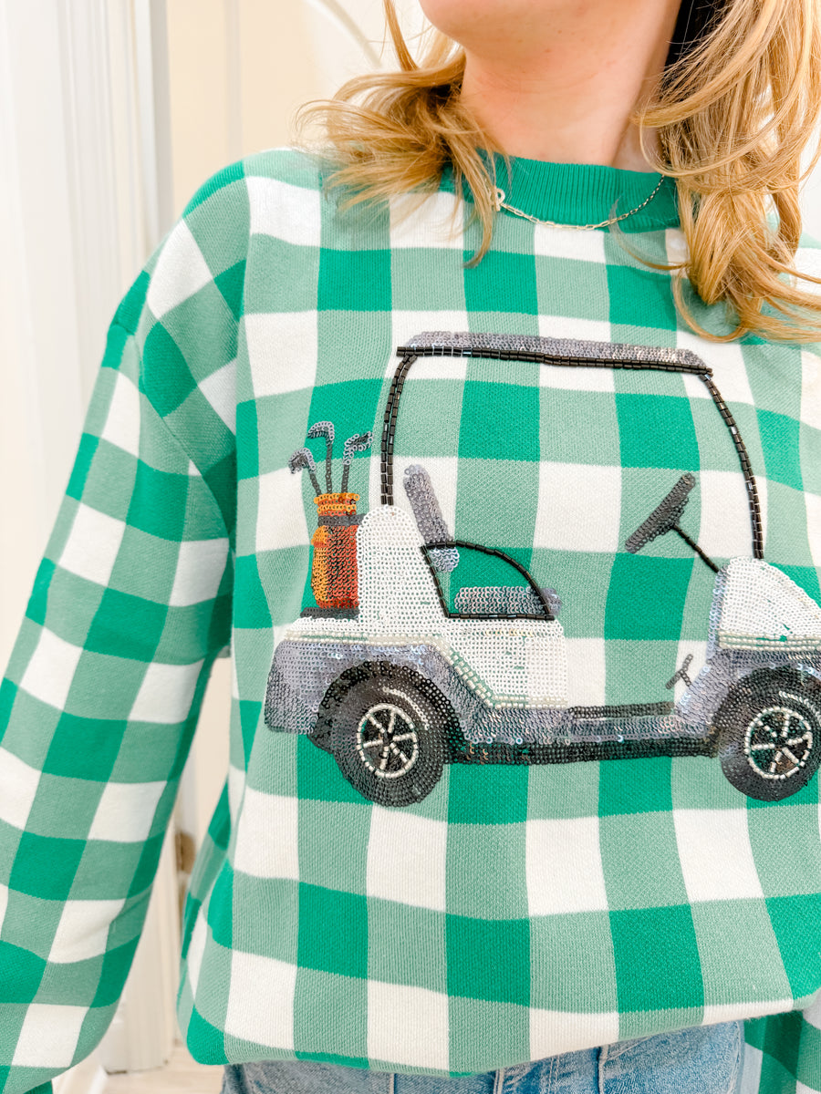 Queen of Sparkles Green & White Checkered Golf Cart Sweater