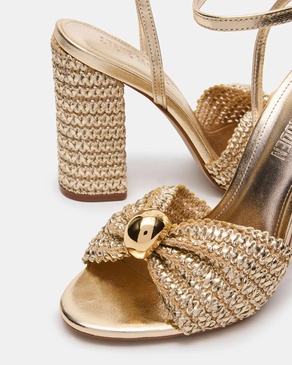 【STEVE MADDEN】Cheyla ゴールドサンダル CHEYLA Gold Raffia Women's Block Heels – Steve Madden