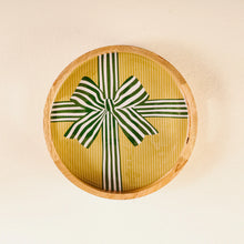 Load image into Gallery viewer, Holiday Gift Bow Green Large Round Wood Enamel Tray