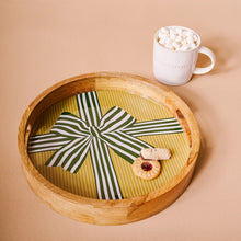 Load image into Gallery viewer, Holiday Gift Bow Green Large Round Wood Enamel Tray