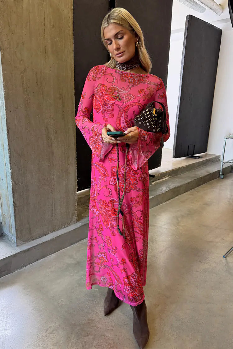 strapless open back dress Pink Tropical Print Lace-Up Back Dress - Maxi Dresses main image 0