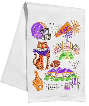 Handpainted Orange & Purple Tiger Football Icons Kitchen Towel