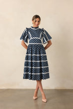 Load image into Gallery viewer, Prosperina Andromeda Midi Dress | Navy Polka Dot