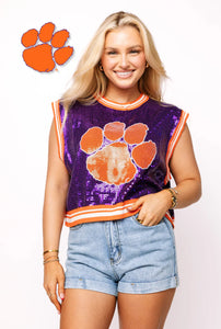Queen of Sparkles Clemson Full Sequin Mascot Tank