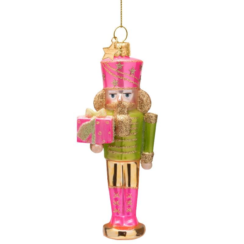 Pink & Green Nutcracker Glass Ornament