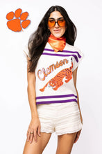 Load image into Gallery viewer, Queen of Sparkles Purple &amp; Orange Clemson Striped Short Sleeve Top
