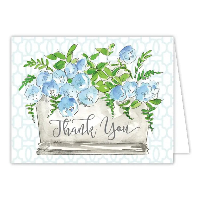 Thank You Handpainted Blue Flowers In Silver Tub Greeting Card
