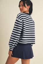 Load image into Gallery viewer, Striped Knit Button Up Cardigan Sweater | Navy Blue Stripe