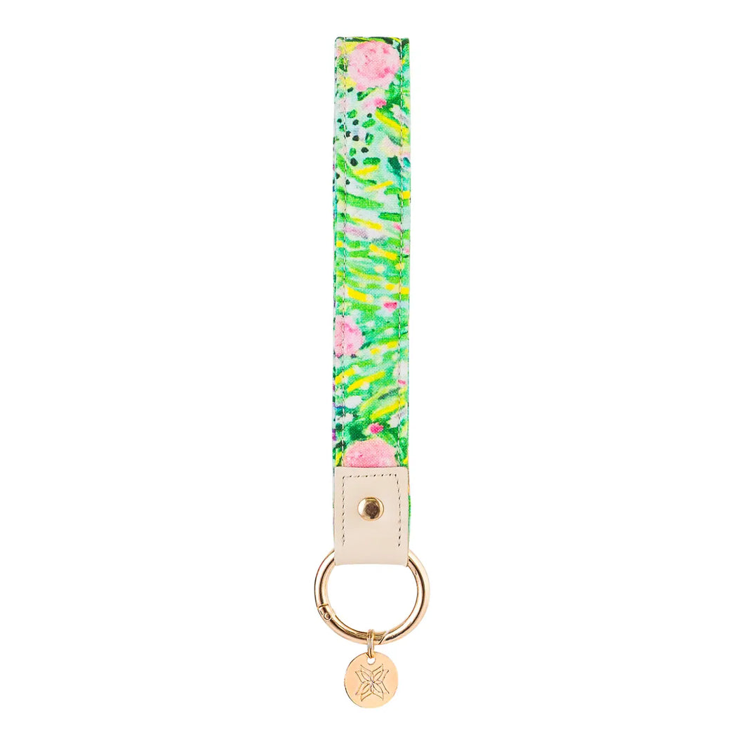 Pink Roses On Green Fabric Loop Keychain