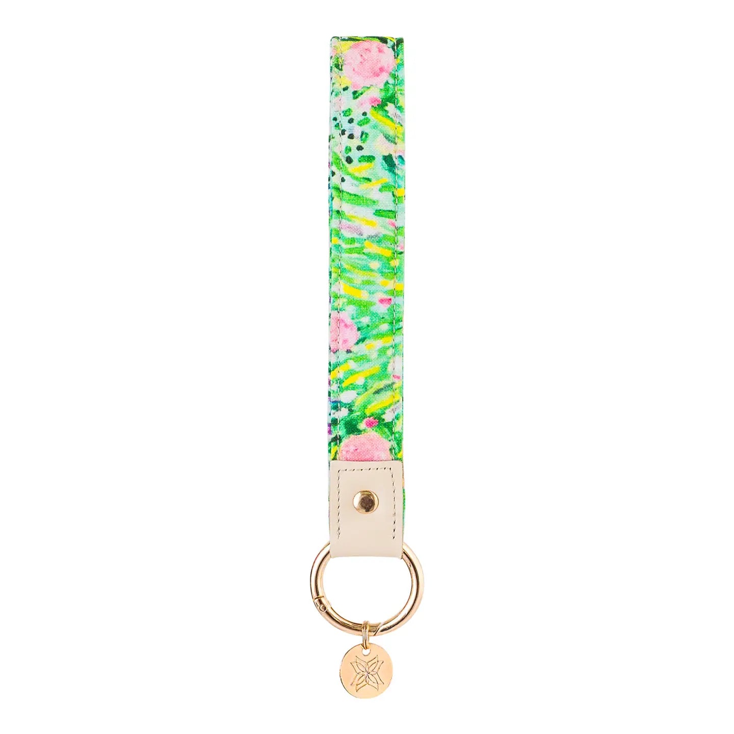 Pink Roses On Green Fabric Loop Keychain