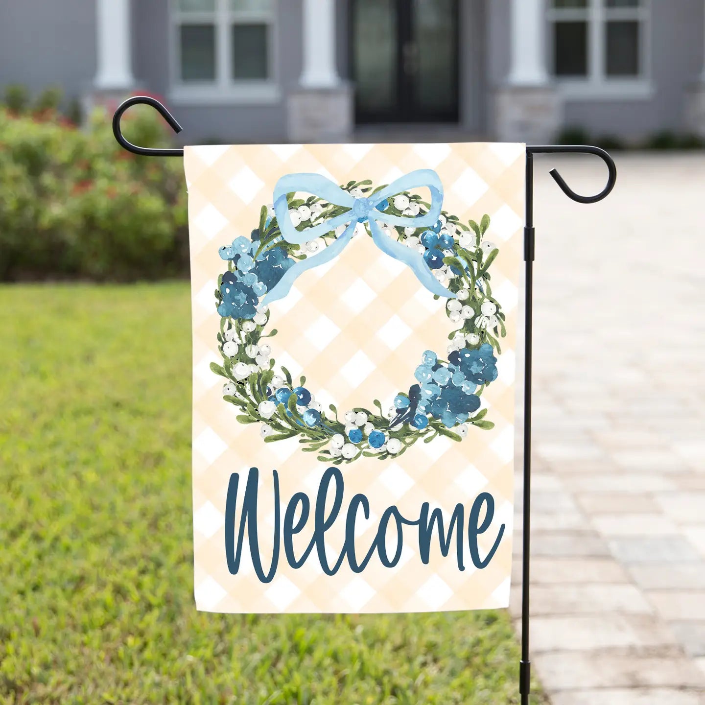 Yellow Plaid Wreath Garden Flag