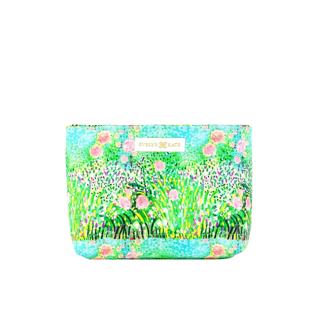 Pink Roses On Green Quilted Zipper Pouch