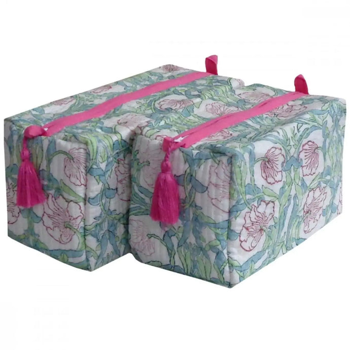 Seafoam Pink Rose Block Print Cosmetic Bag
