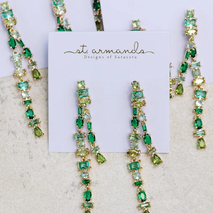 Green Ombre Crystal Layered Duster Statement Earrings