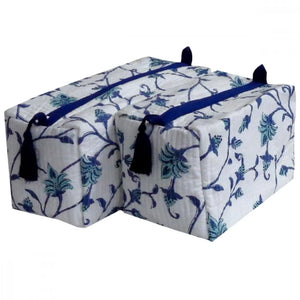 Floral Blue Vines Block Print Cosmetic Bag