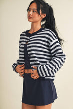 Load image into Gallery viewer, Striped Knit Button Up Cardigan Sweater | Navy Blue Stripe