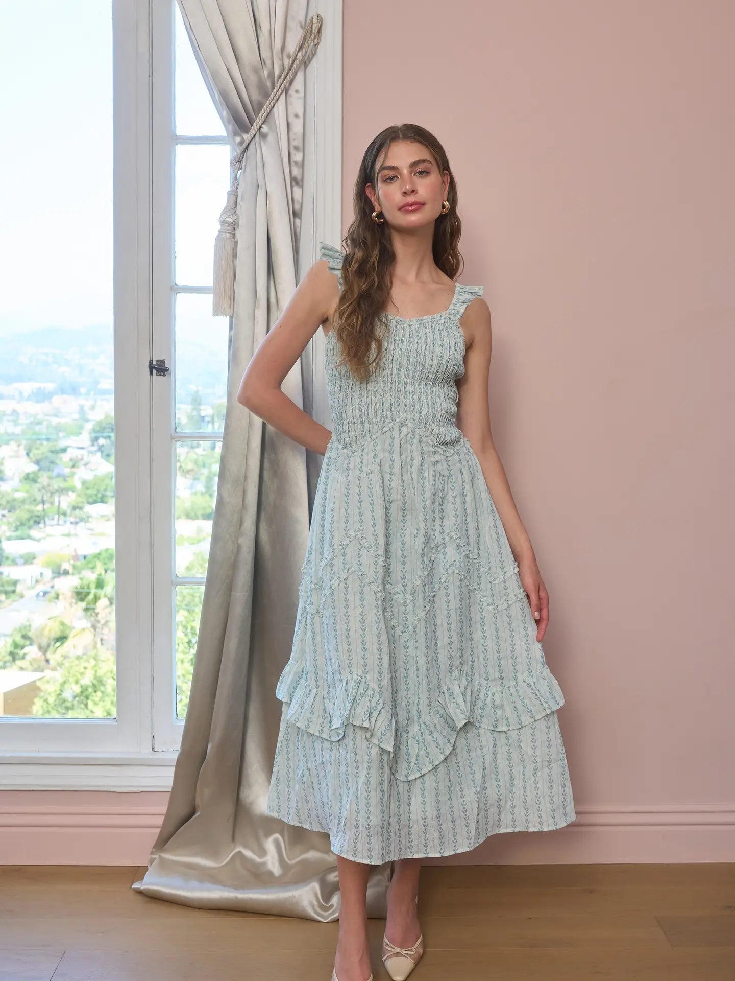 moon river blue dress Moon River Short Ruffle Sleeve Lace Trim Midi Dress
