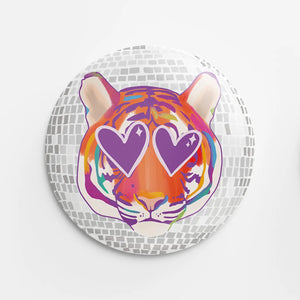 Orange & Purple Heart-Eyed Disco Tiger Button
