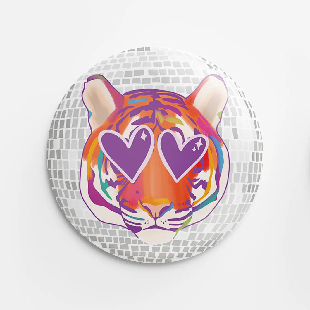 Orange & Purple Heart-Eyed Disco Tiger Button