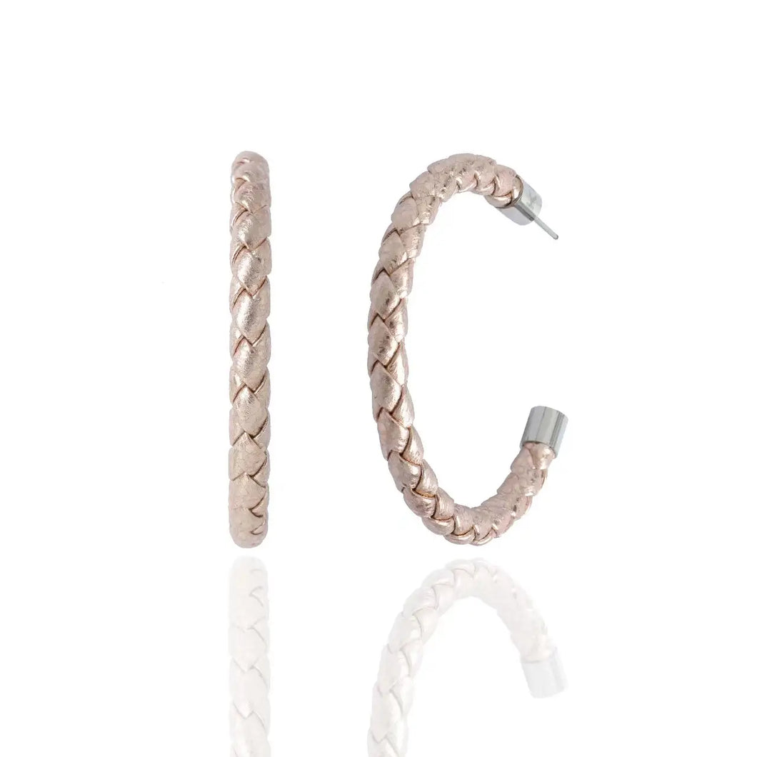 Rose Gold Leather Braided Hoop Earrings