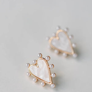 Pearl Studded Pink Tortoise Heart Earrings