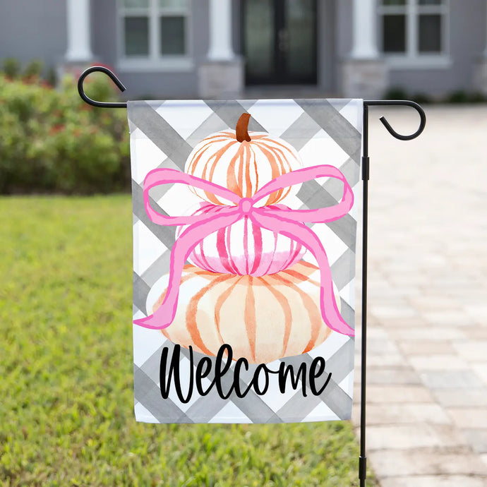 Fall Garden Flag - Welcome with Pumpkins Pink Bow