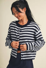 Load image into Gallery viewer, Striped Knit Button Up Cardigan Sweater | Navy Blue Stripe