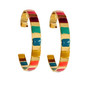 Gold and Rainbow Enamel Striped Hoop Statement Earrings