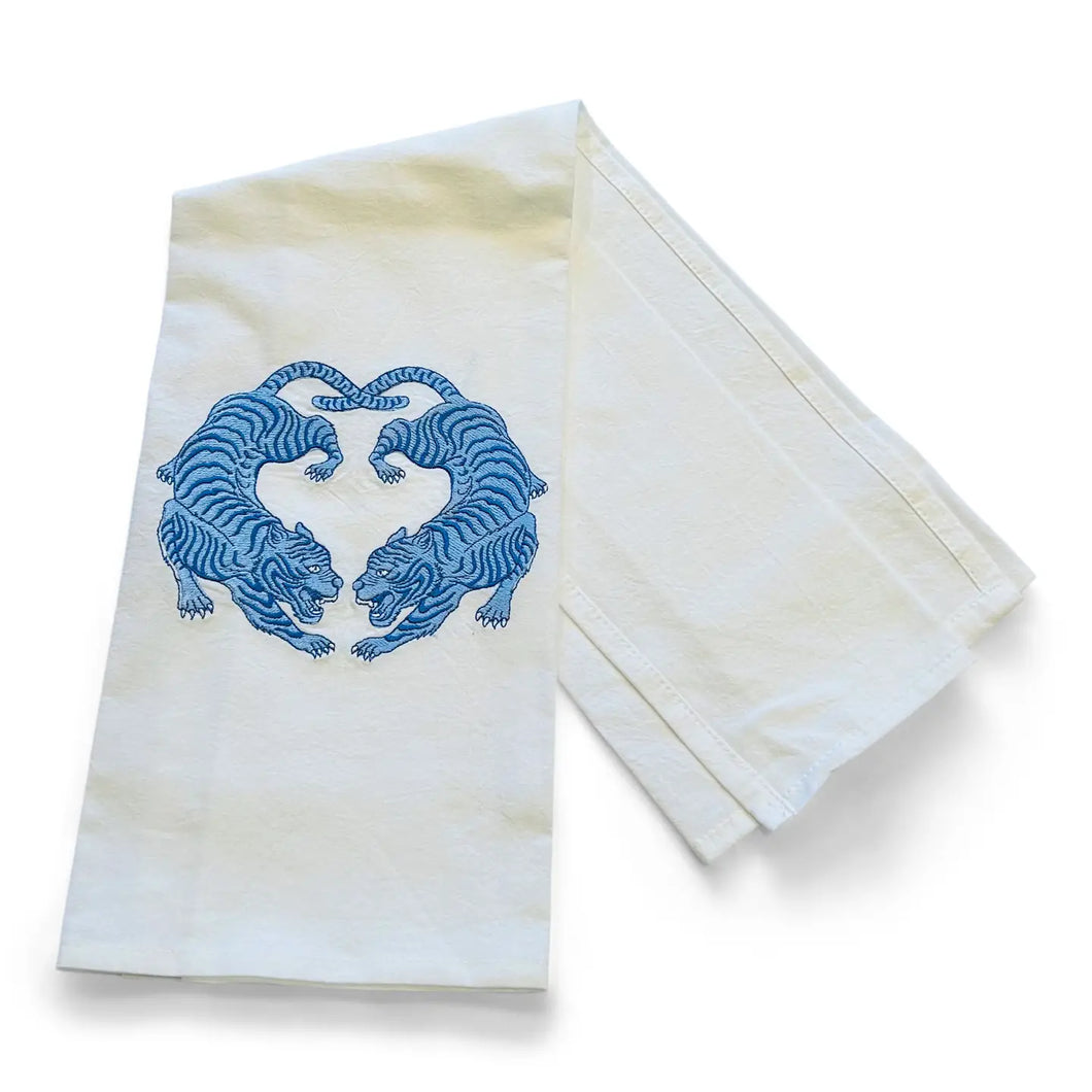 Twin Tigers Chinoiserie Tea Towel | Blue