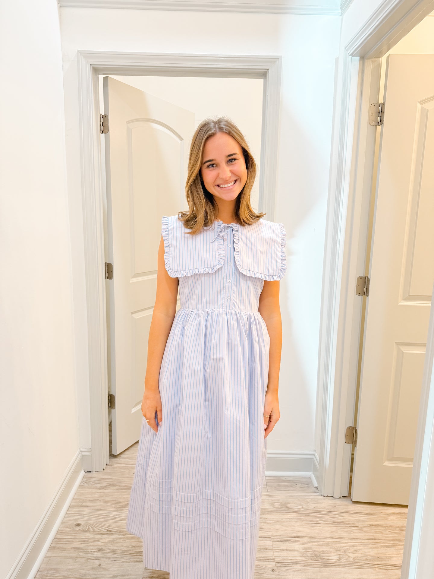 pintuck midi dress Aureum Oversized Collar Size For Kids:2y Model Measurements BRONZE Pinafore Dress, Sleeveless Maxi