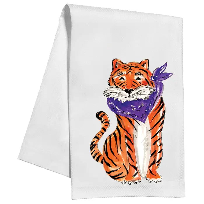 Handpainted Tiger with Purple Bandana Kitchen Towel