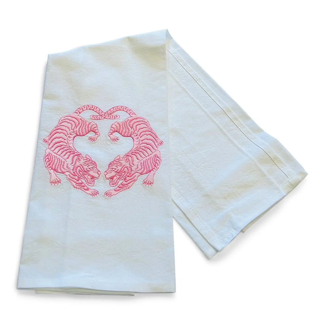 Twin Tigers Chinoiserie Tea Towel | Pink