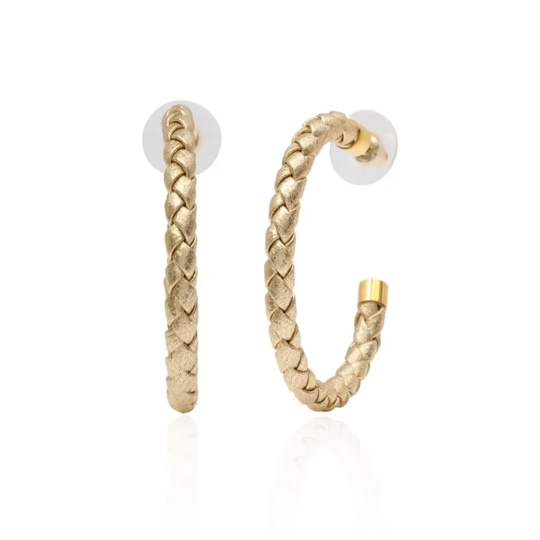 Gold Leather Braided Hoop Earrings