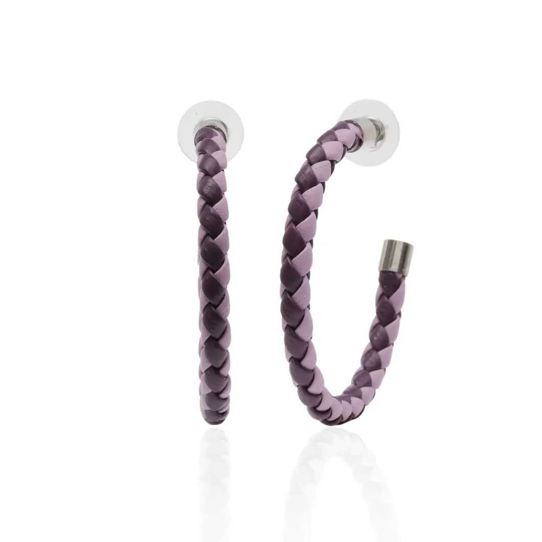 Double Purple Leather Braided Hoop Earrings