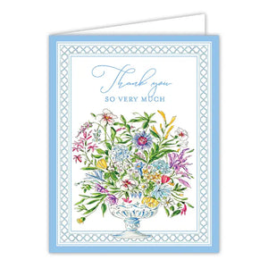 Handpainted Thank You So Very Much Blue Floral Arrangement Greeting Card