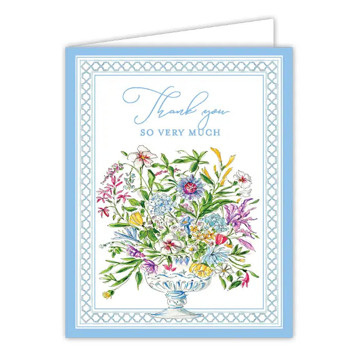 Handpainted Thank You So Very Much Blue Floral Arrangement Greeting Card