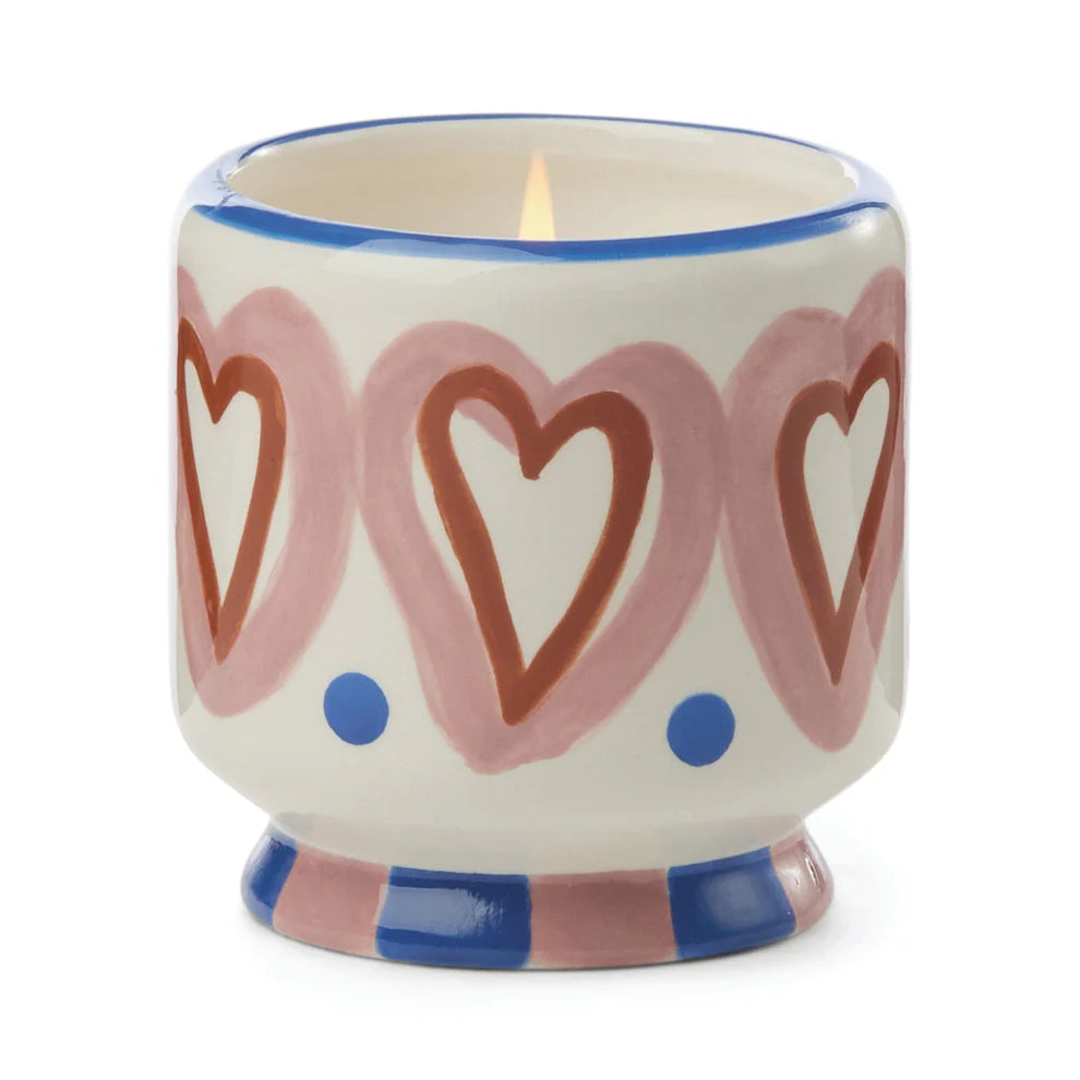 A Dopo 8 oz Handpainted Hearts Ceramic Candle - Rosewood Vanilla