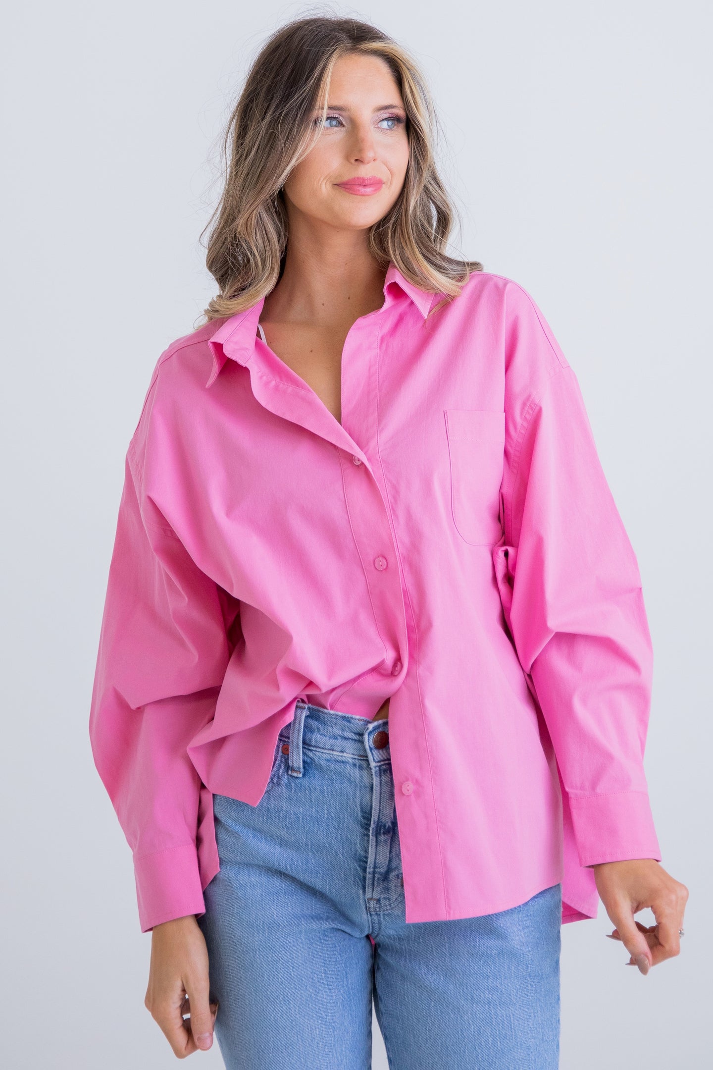 Karlie Pink Poplin Oversized Button Top