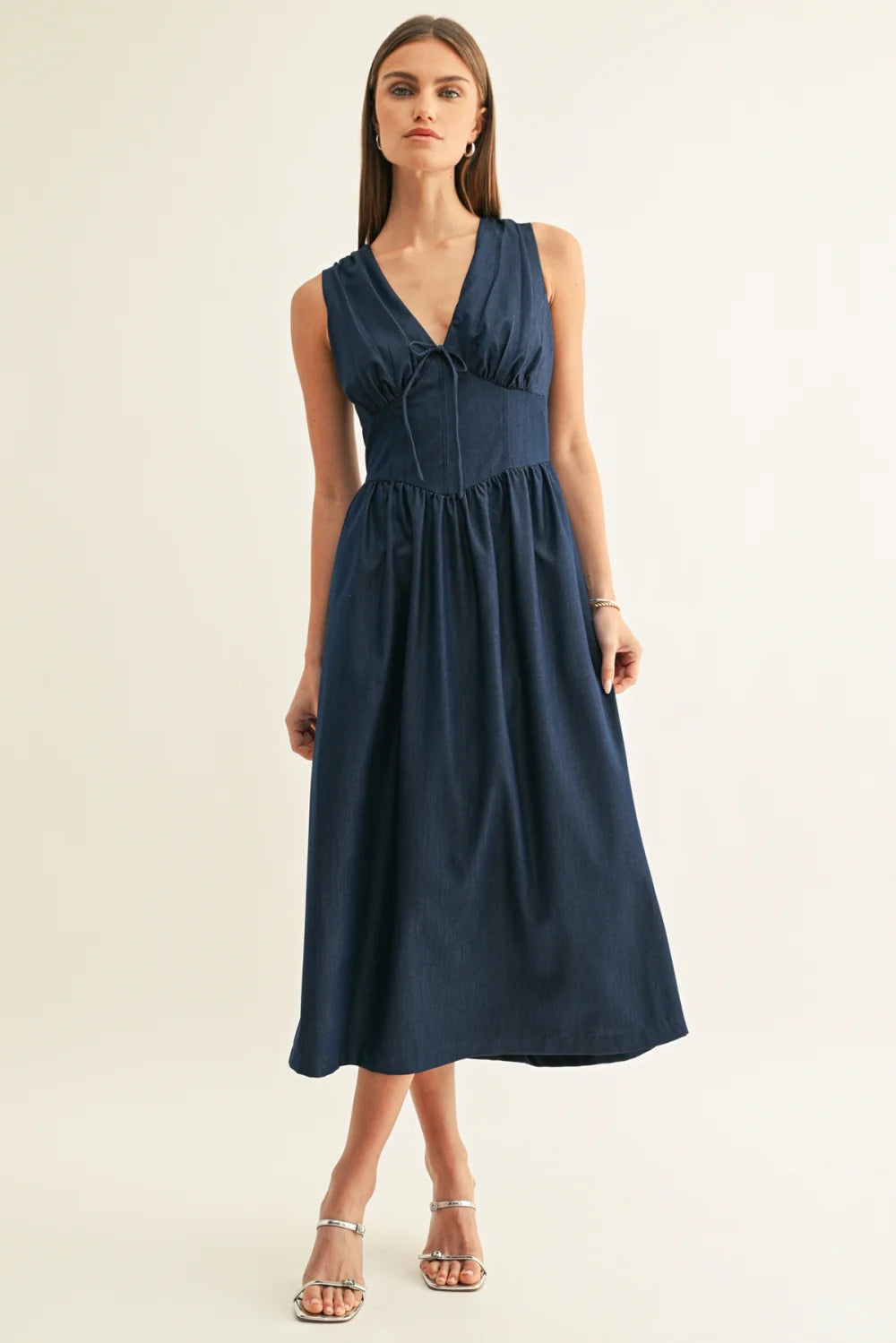 Arabelle Chambray Sleeveless Corset Midi Dress INDIGO BLUE / M