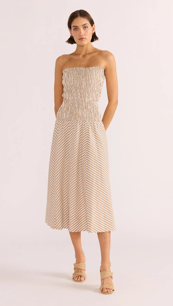 Mink Pink Artemis Shirred Midi Dress | Tan Stripe