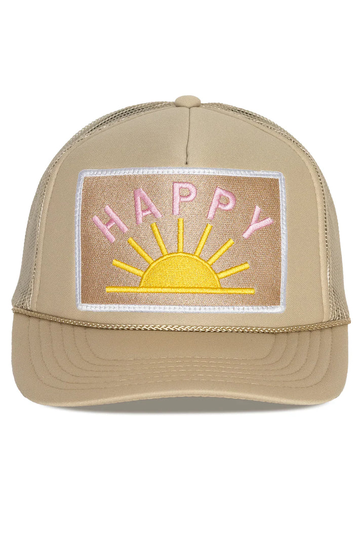Friday Feelin' Happy Sun Trucker Hat in Tan