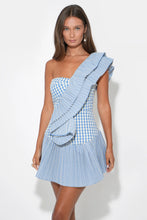 Load image into Gallery viewer, Adelyn Rae Ava One Shoulder Gingham Mini Dress | Powder Blue