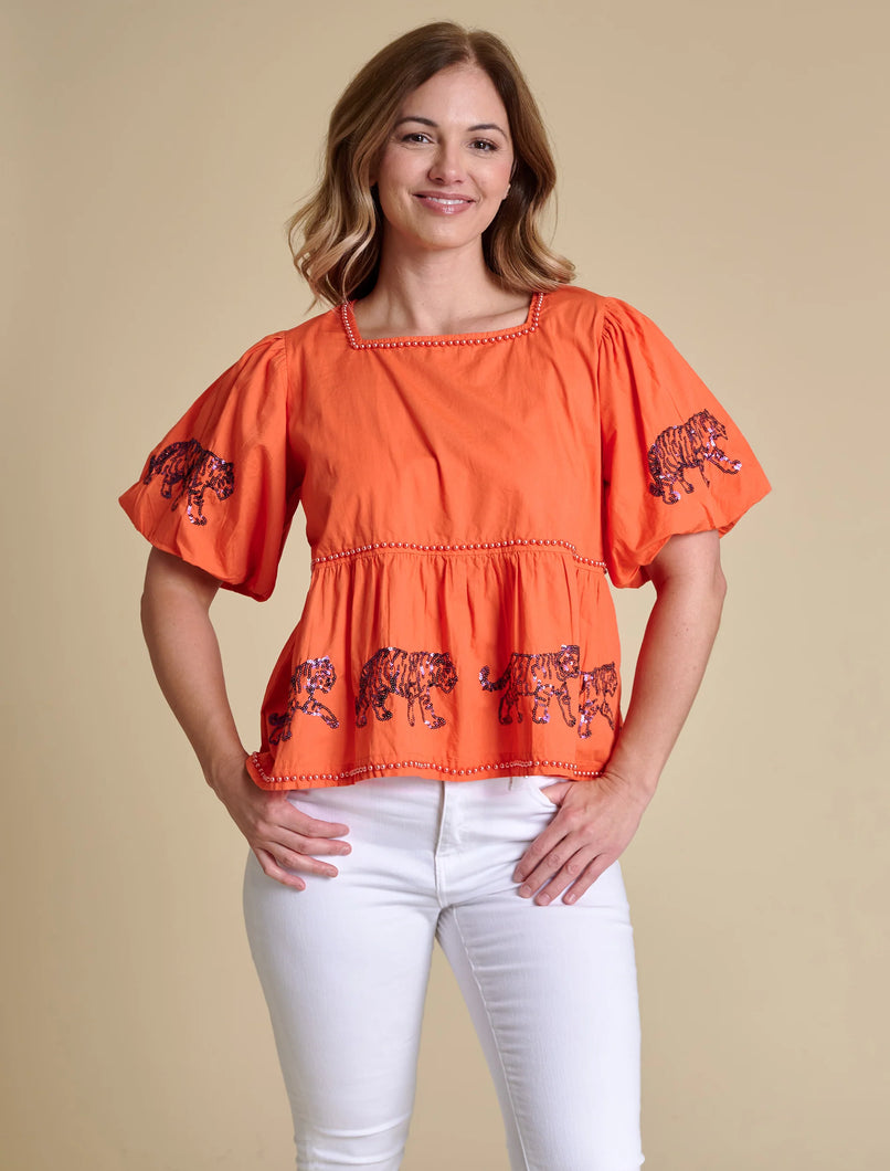 Clemson Puff Sleeve Peplum Top