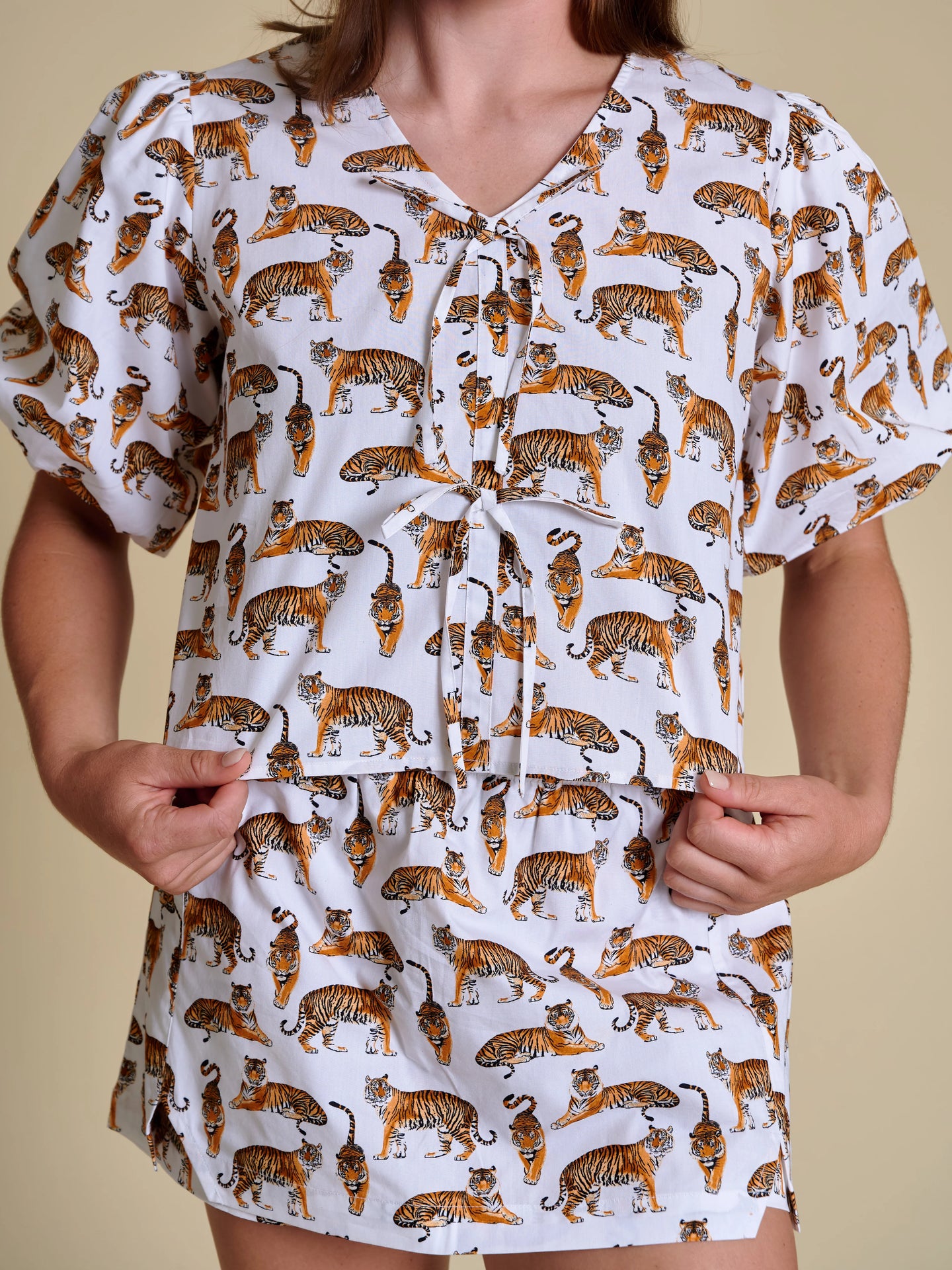Tigers Poplin Puff Sleeve Tie Top