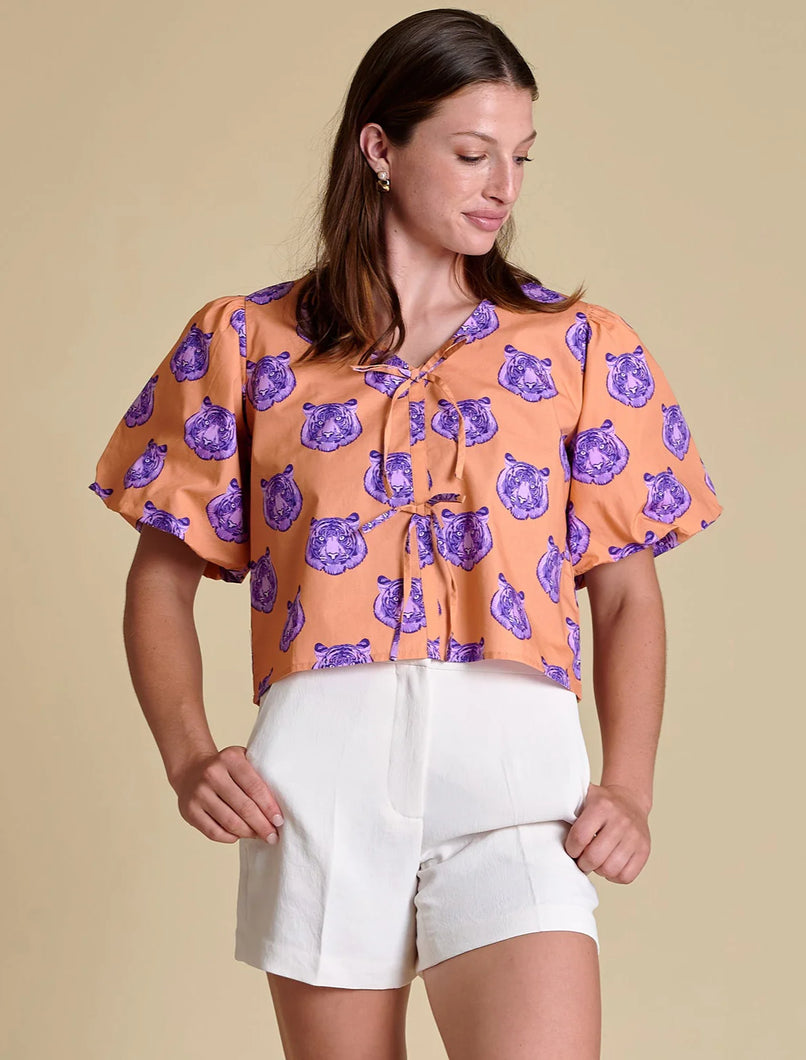 Clemson Poplin Puff Sleeve Tie Top