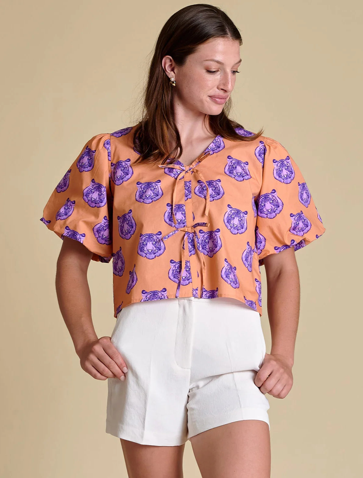 Clemson Poplin Puff Sleeve Tie Top
