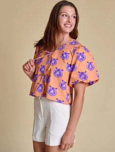 Clemson Poplin Puff Sleeve Tie Top