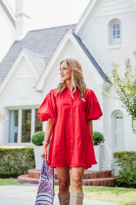 Karlie Red Puff Sleeve Pocket Dress