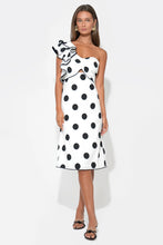 Load image into Gallery viewer, Adelyn Rae Cailyn One Shoulder Ruffle Linen Dot Midi Dress | White/Black