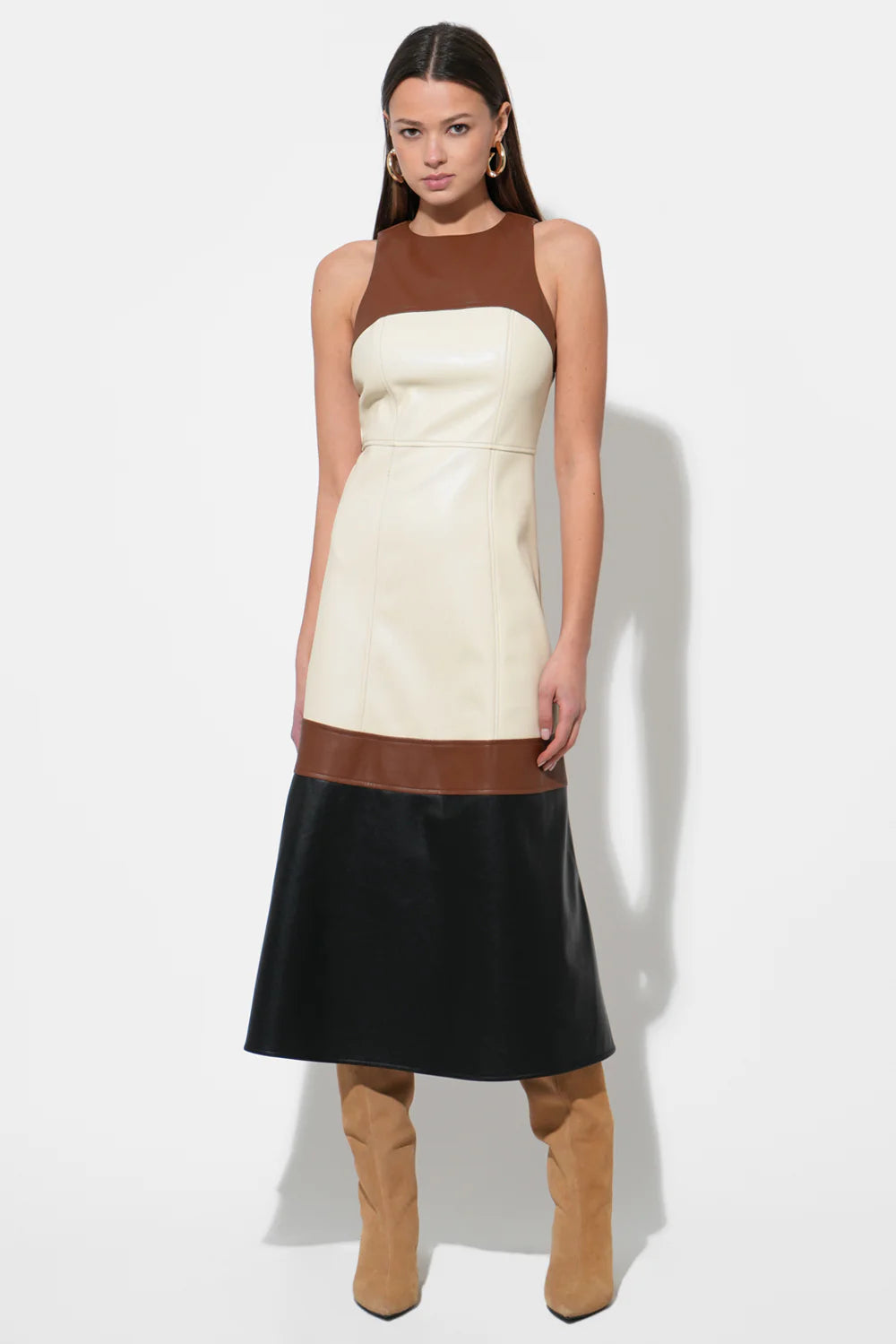 Caspia Vegan Leather Color Block Midi Dress